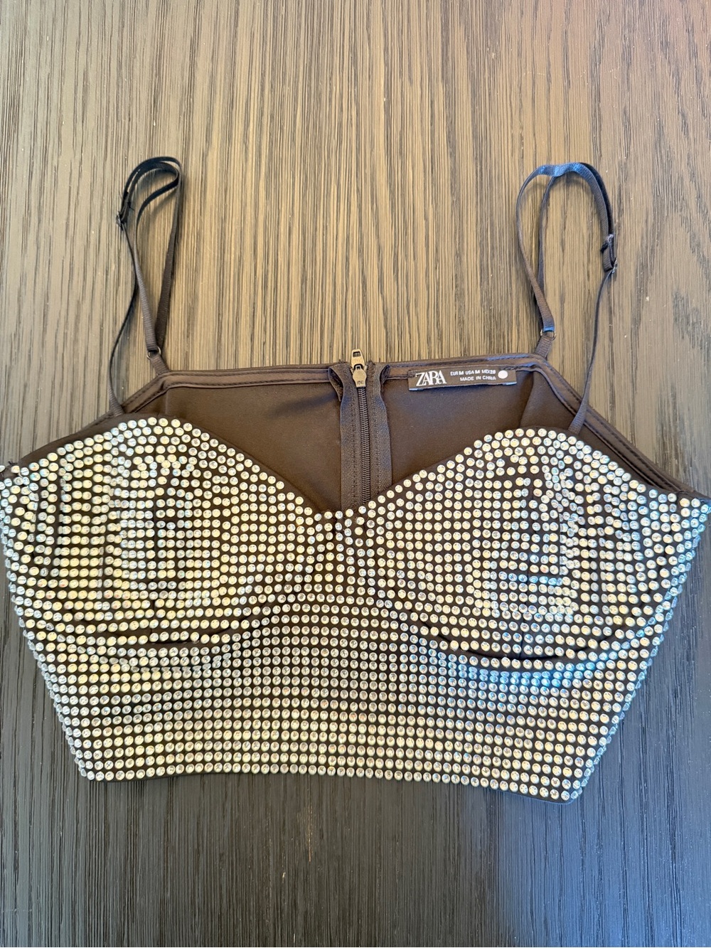 Zara Black Crystal-Studded Bustier Crop Top Size M Rhinestone Corset Sparkle